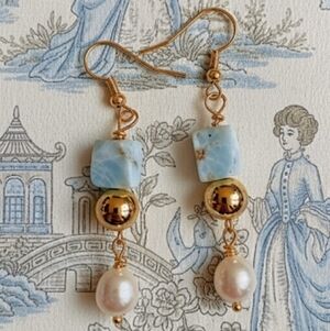 Sky Blue Larimar  & Freshwater Pearl In Gold Plated Earrings